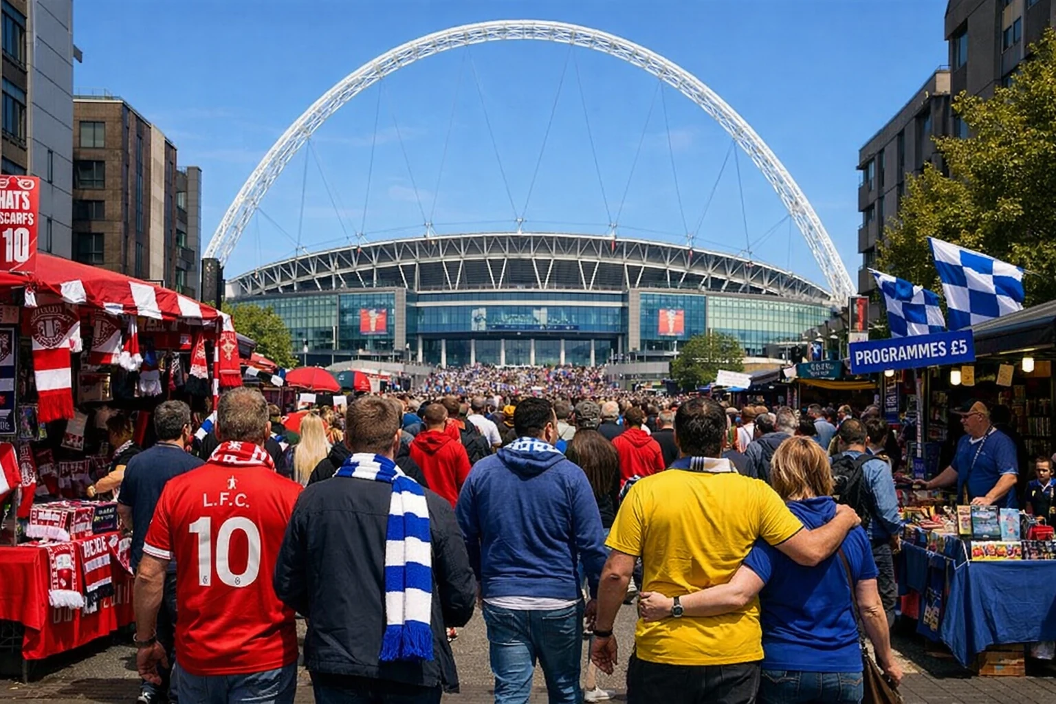Adeptos a caminhar em direção ao estádio de Wembley com o arco icónico visível ao fundo