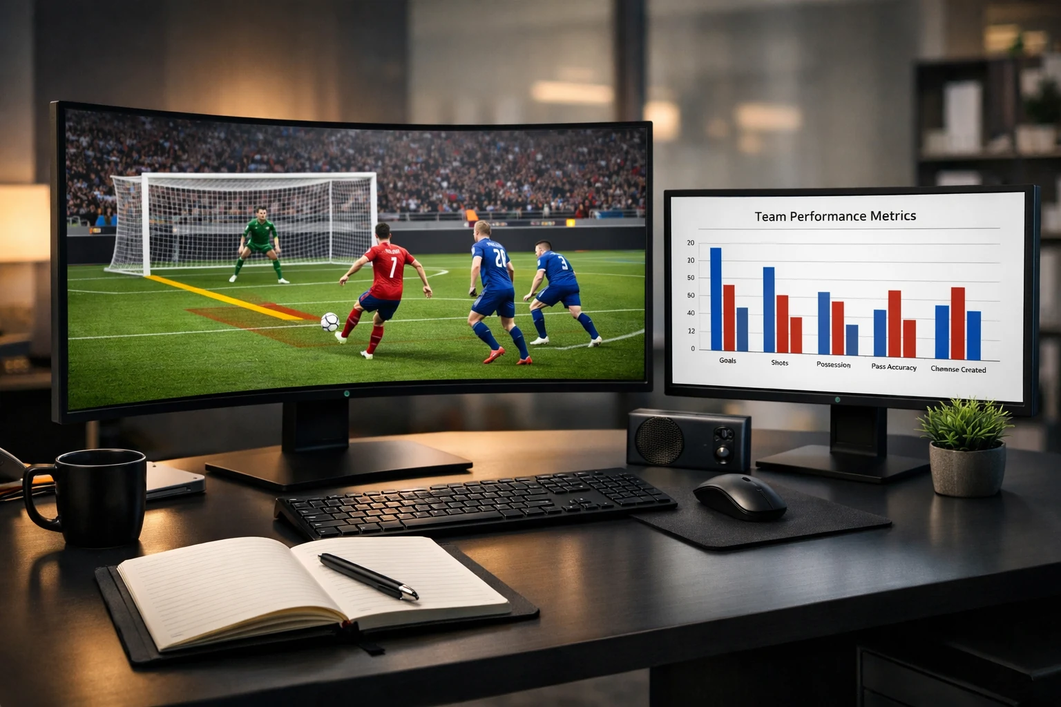 Ambiente de trabalho de analista desportivo com monitores exibindo estatísticas de equipas