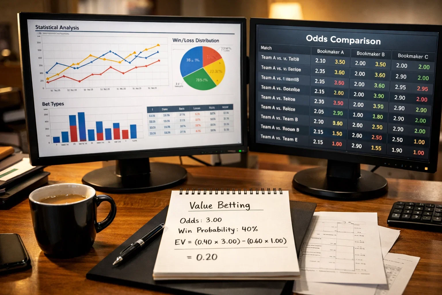 Configuração de dois monitores com análise estatística e comparação de odds para cálculo de valor