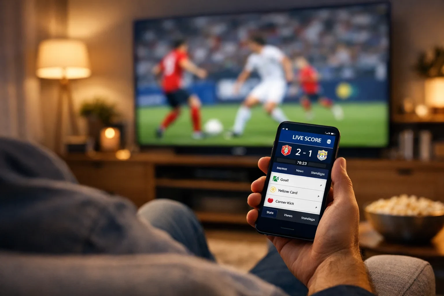 Pessoa a assistir jogo de futebol na televisão enquanto usa smartphone para apostas ao vivo