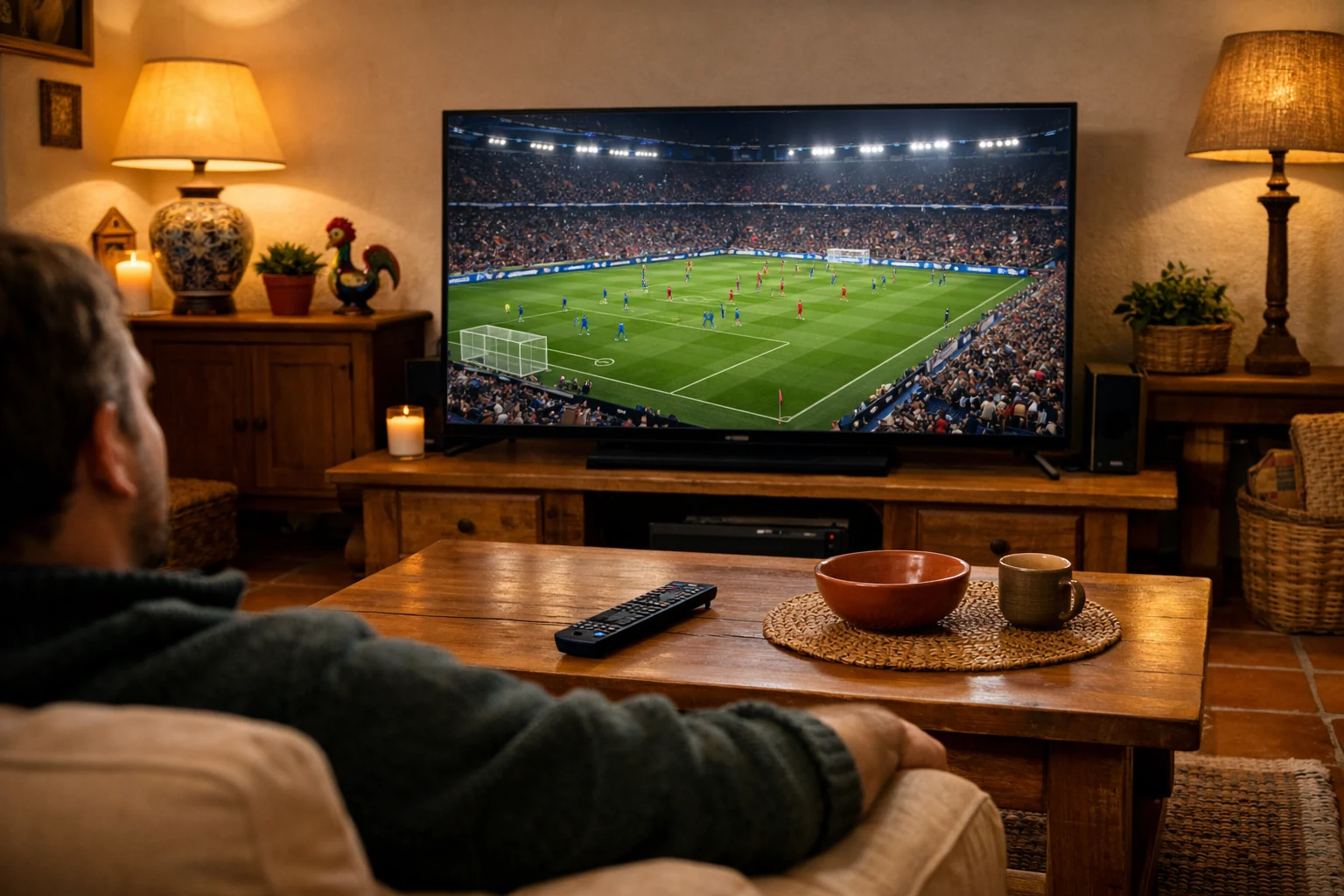 Pessoa a assistir futebol na televisão em ambiente doméstico acolhedor