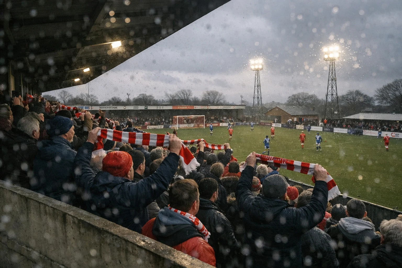 Estádio pequeno tradicional inglês cheio de adeptos apaixonados durante jogo da FA Cup