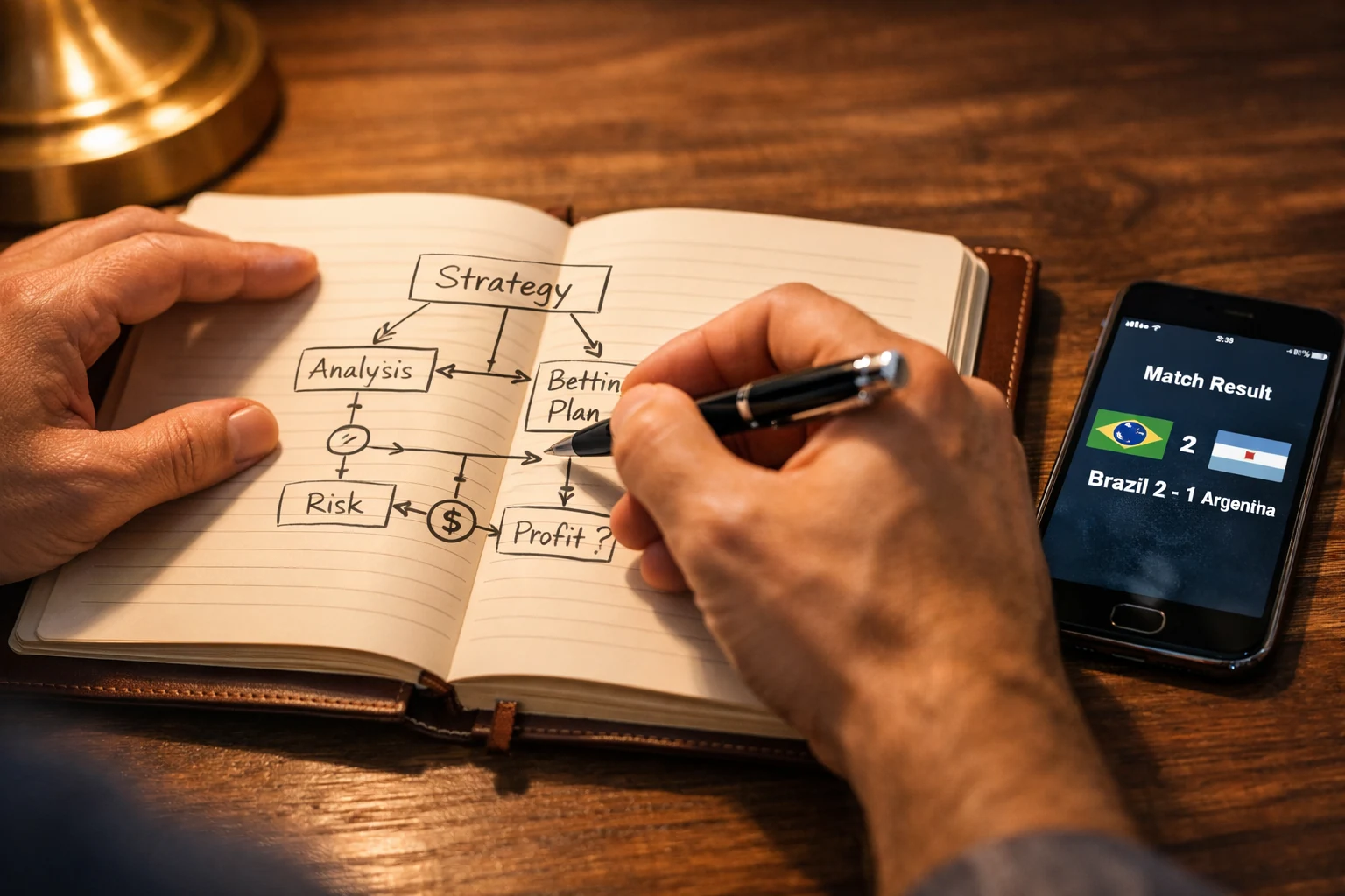 Mãos a escrever notas estratégicas num caderno com telemóvel ao lado