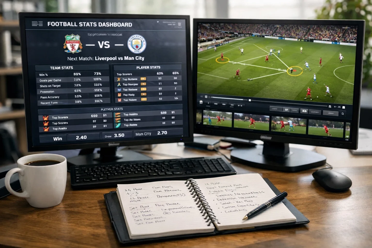 Configuração de dois monitores com painel de estatísticas de futebol e análise de vídeo