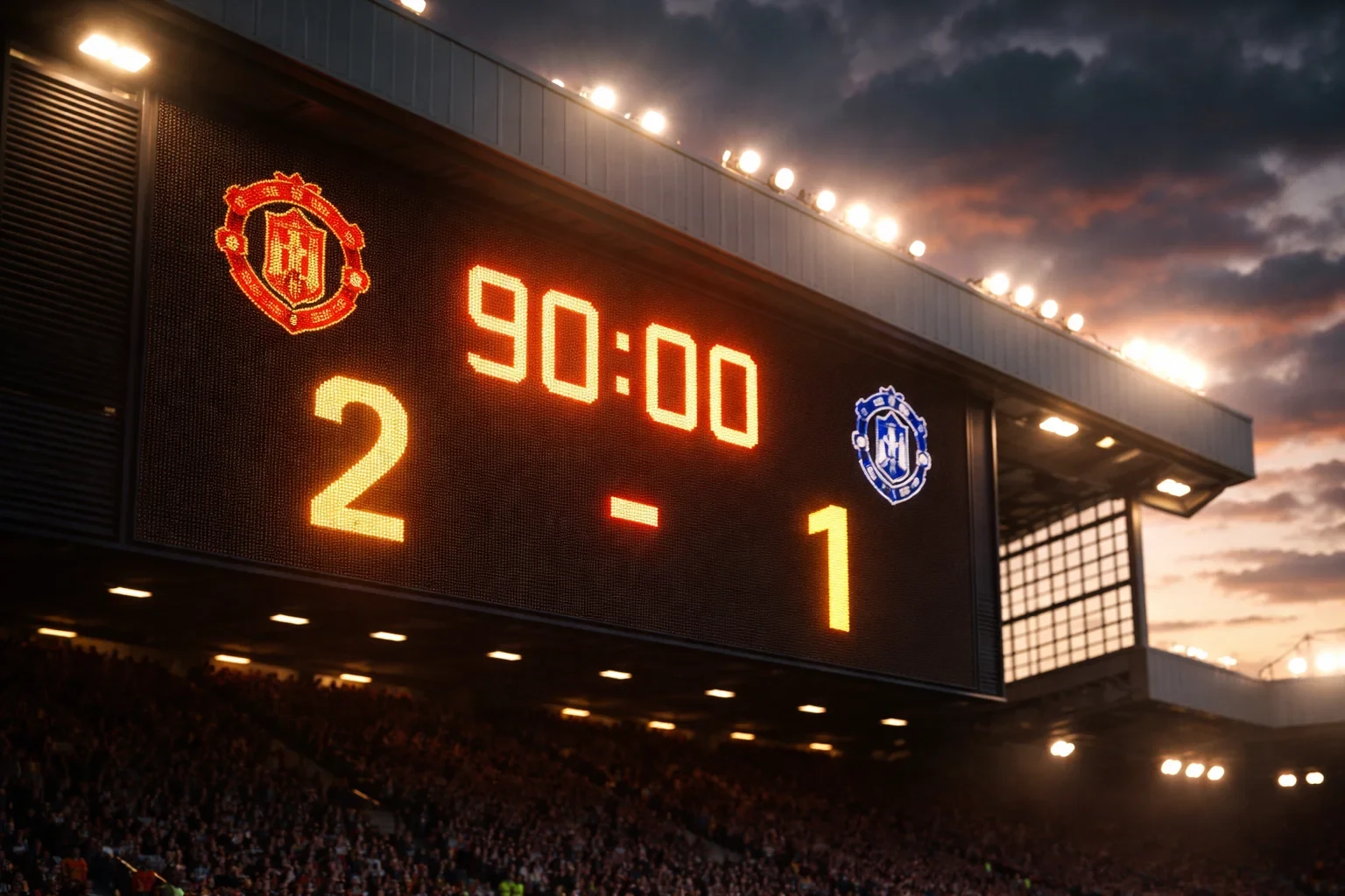Placar de estádio inglês a mostrar resultado de jogo ao entardecer