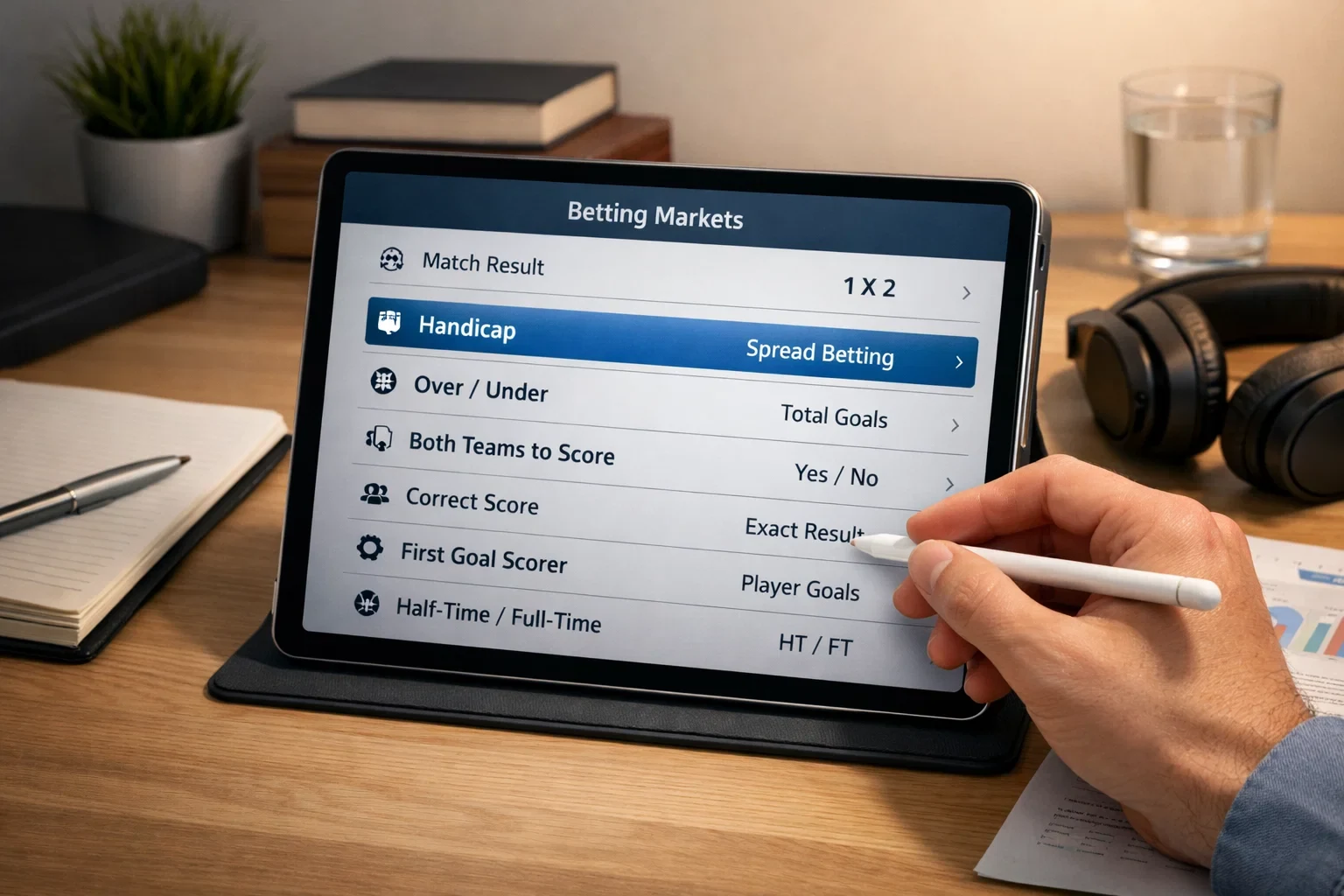 Tablet a exibir interface de mercados de apostas com diferentes tipos de aposta