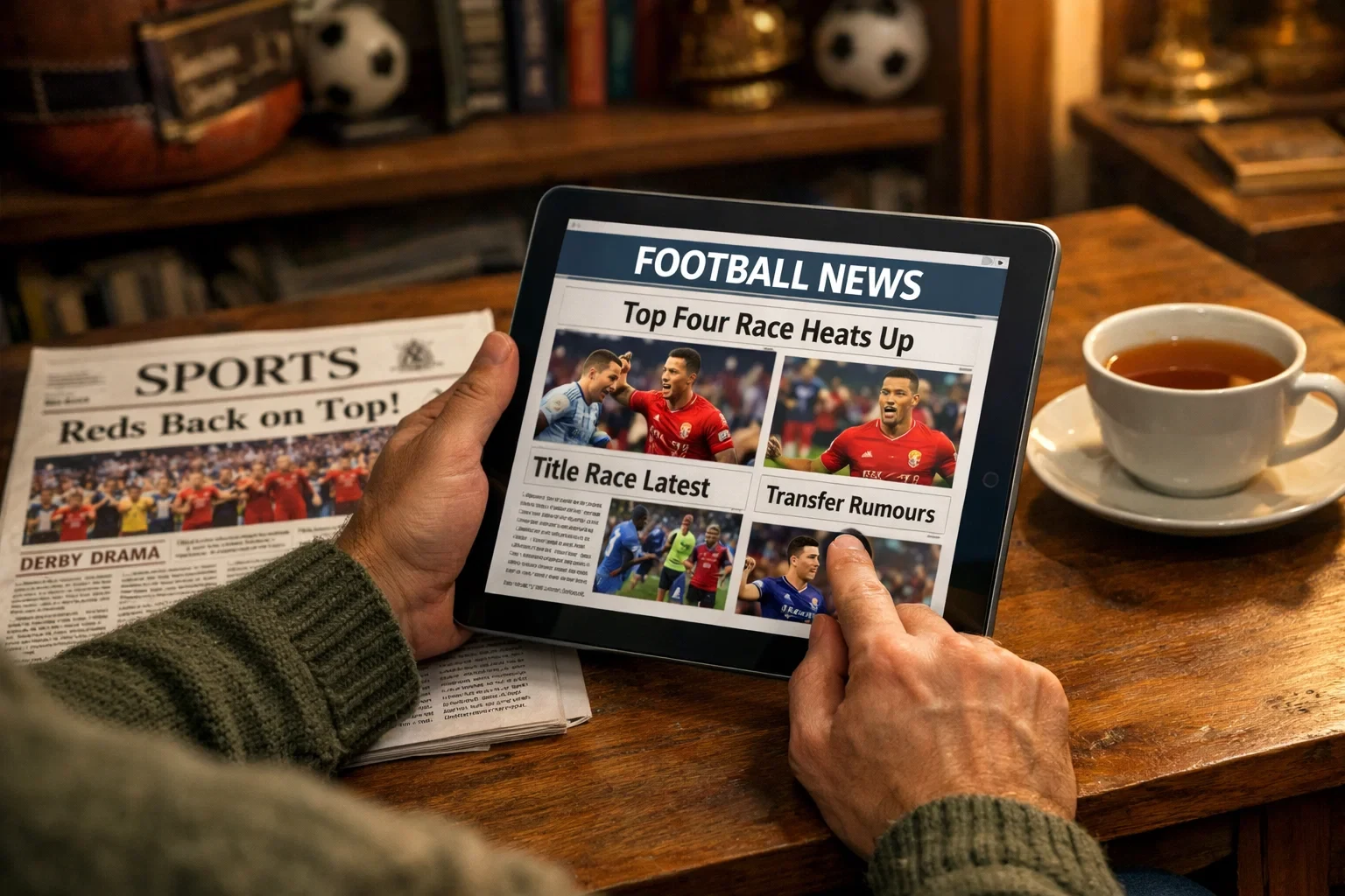 Pessoa a pesquisar notícias de futebol inglês em tablet com jornal desportivo ao lado