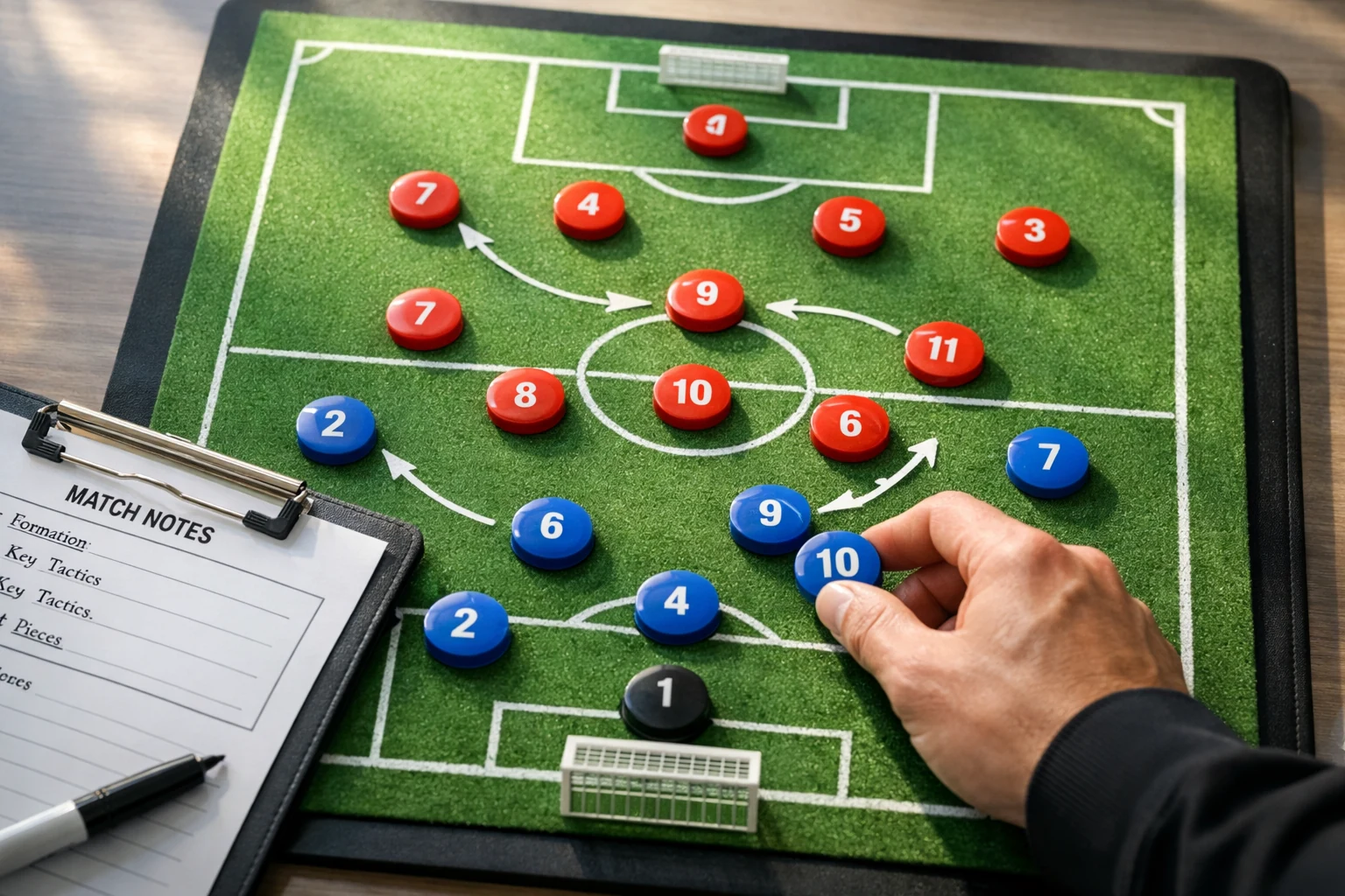 Quadro tático de futebol com marcadores magnéticos e análise de formação