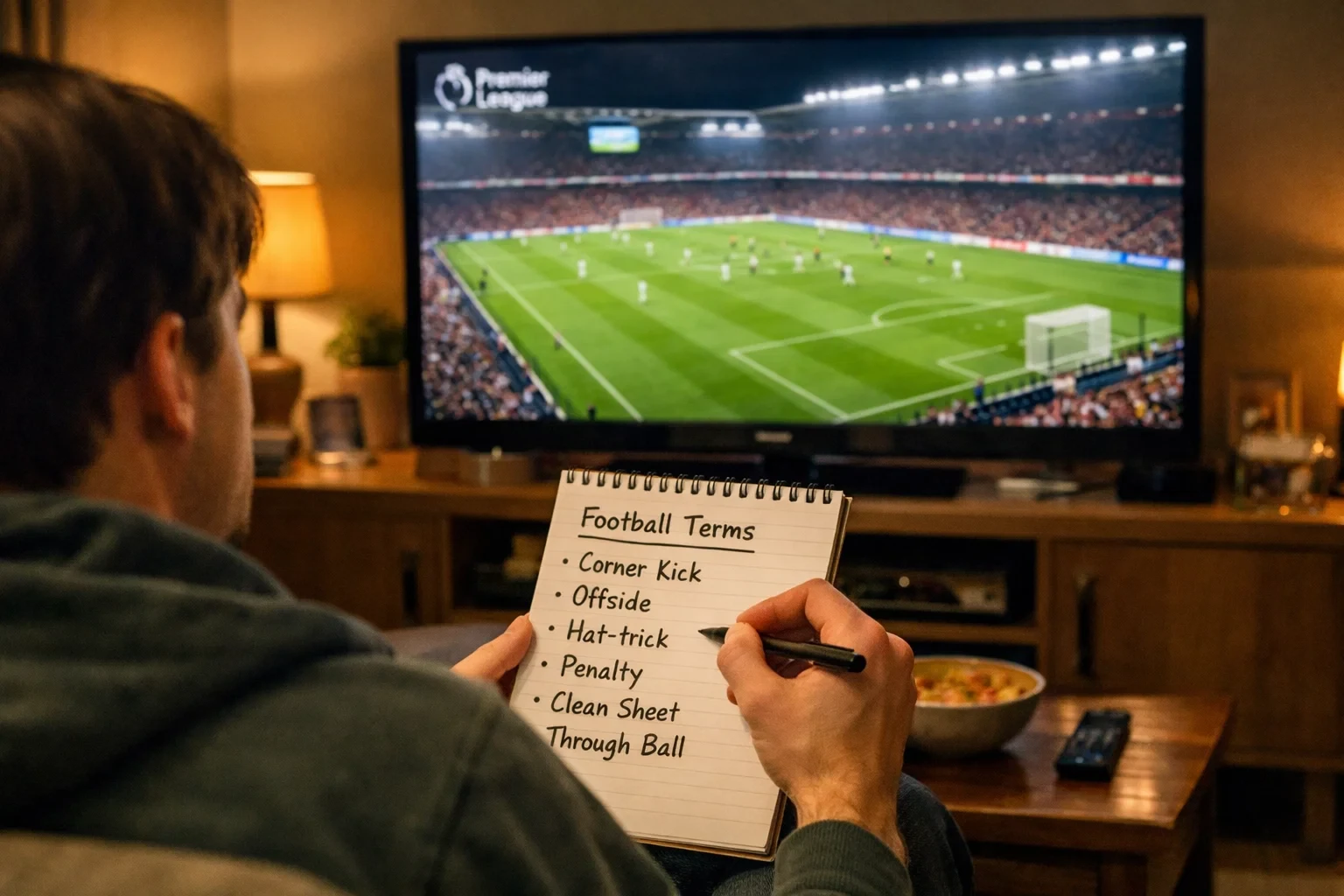 Pessoa a assistir jogo da Premier League na televisão enquanto toma notas de vocabulário