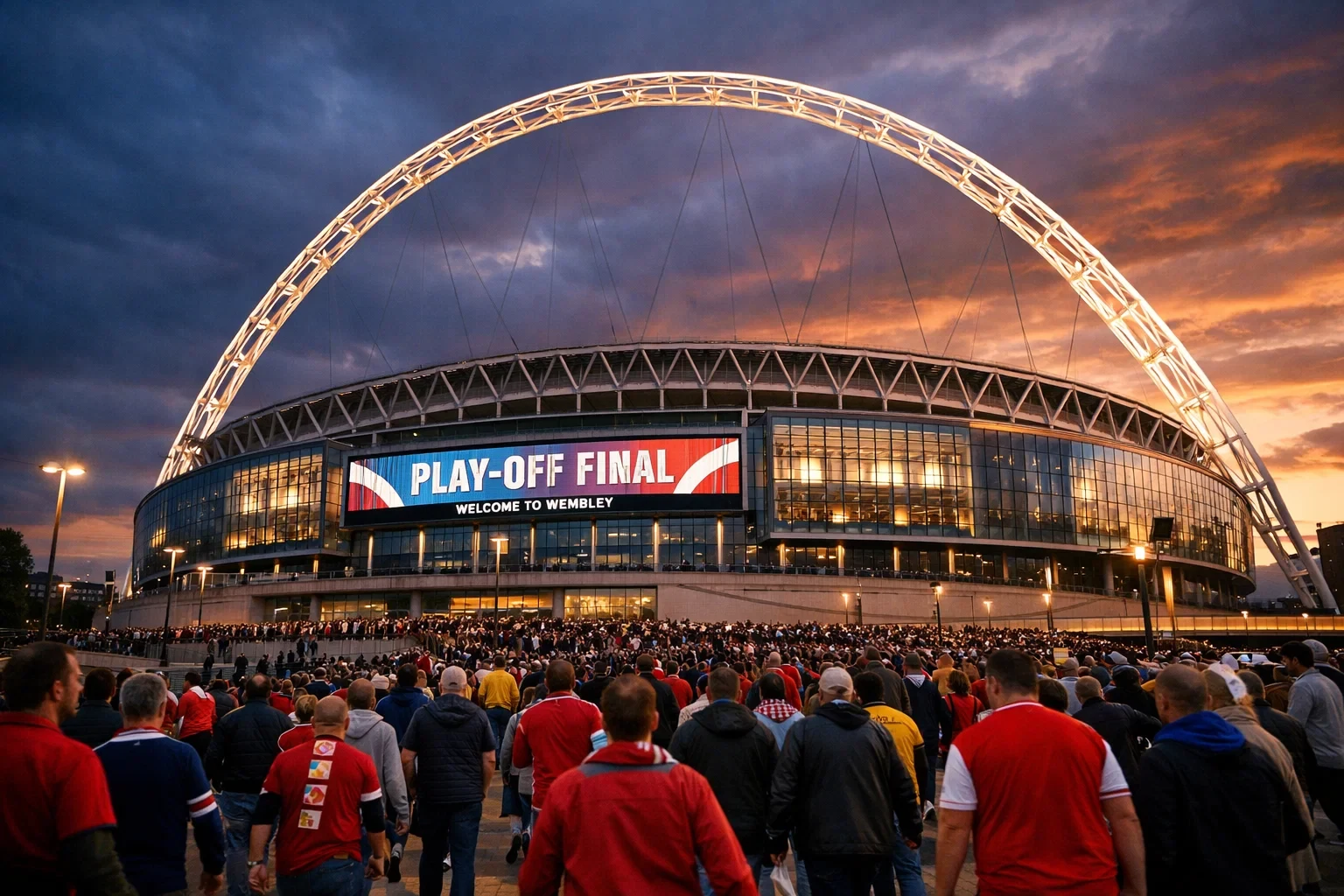 Exterior do Estádio de Wembley ao entardecer com adeptos a chegar para a final
