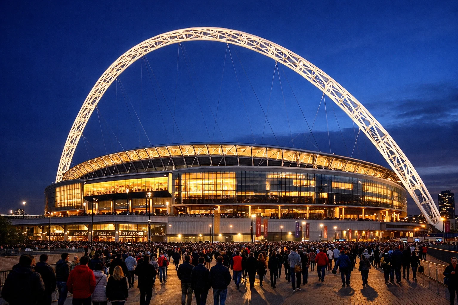 Estádio de Wembley ao entardecer com o icónico arco iluminado antes de uma grande final